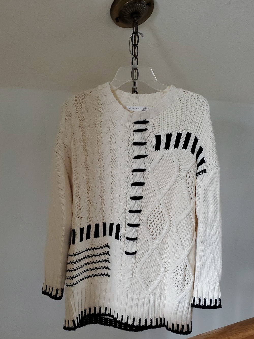 Altar'd State Cream Cable Knit Sweater with Black Trim
